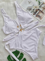 Deep V-neck Metal Strap High Waist Swimsuit