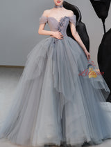 Gray Blue Tulle Pleats Flower Prom Dress