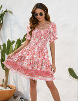 Bohemian Floral Print Short Sleeve Dress