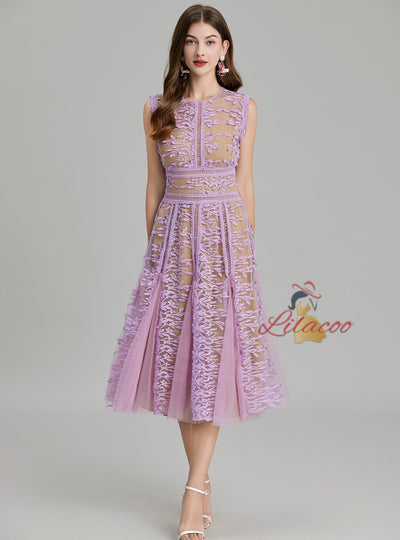 Round Neck Sleeveless Lace Gauze Dress