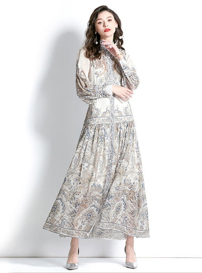 Long-sleeved Lantern Sleeve Printed Dress