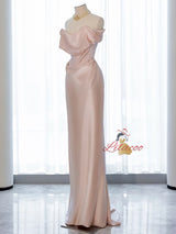 Pink Satin Off the Shoulder Pleats Prom Dress