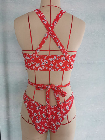 Broken Flower Ring Conjoined Backless Cross Bikini