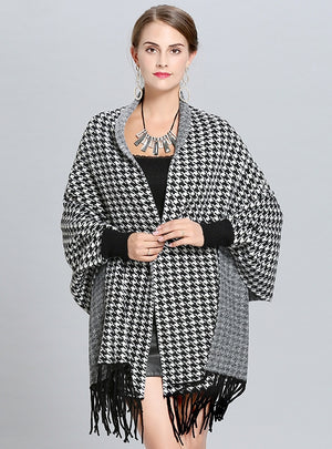 Houndstooth Plaid Knit Fringed Scarf Shawl