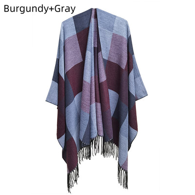 Fringed Double-sided Plaid Split Shawl
