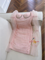 Pink Tulle Long Sleeve Pleats Prom Dress