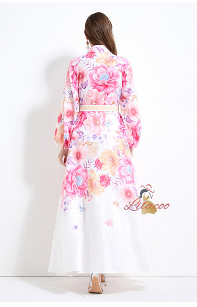 Long Lantern Sleeve Printed Dress