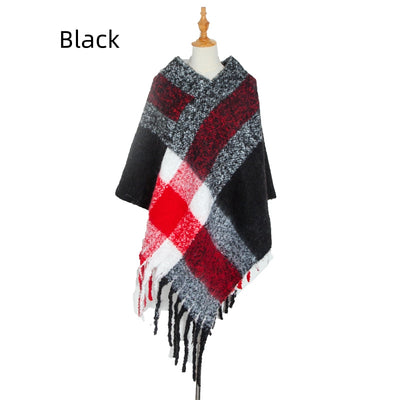 Thick Fringed Plaid Pullover Cloak