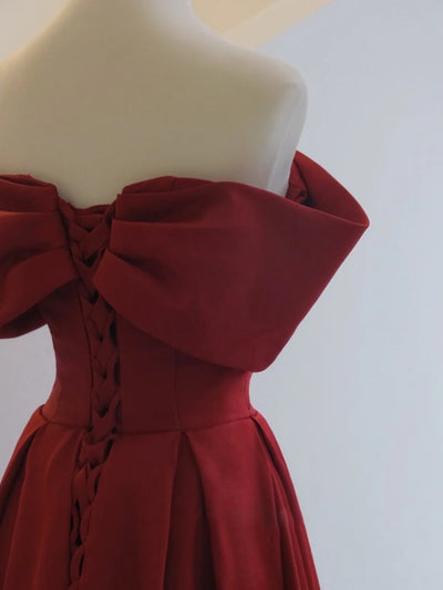Burgundy Satin Off the Shoulder Pleats Prom Dress