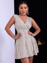 Sexy Pleated V-neck Sequined Dress