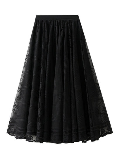 Women Pleated Mesh Lace Skirt