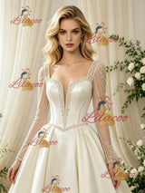 Ivory Satin Long Sleeve Beading Wedding Dress