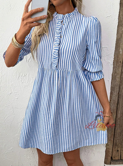 Vertical Striped Shirt Short Sleeve Dress