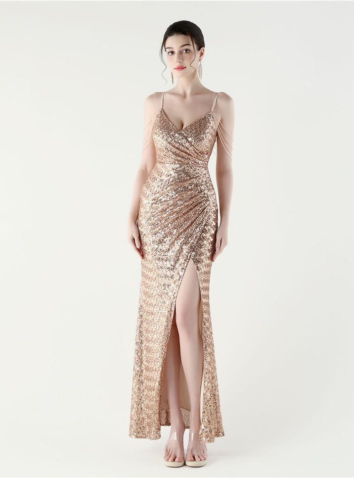 Mermaid Sequins Spaghetti Straps Beading Prom Dress