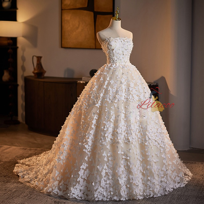 Ivory Tulle Strapless 3D Flower Wedding Dress