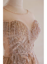 Champagne Tulle Beading Prom Dress