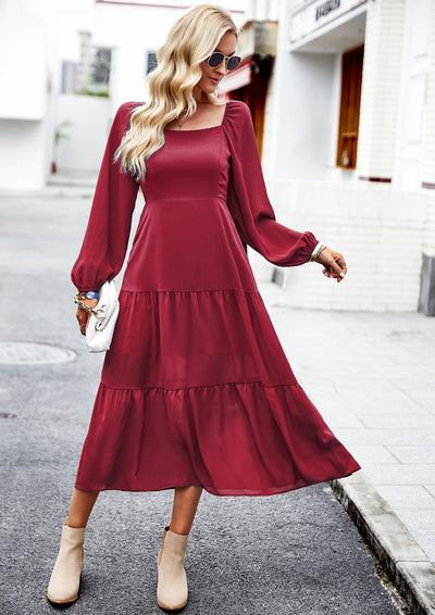 Solid Color Square Collar Long Sleeve Dress