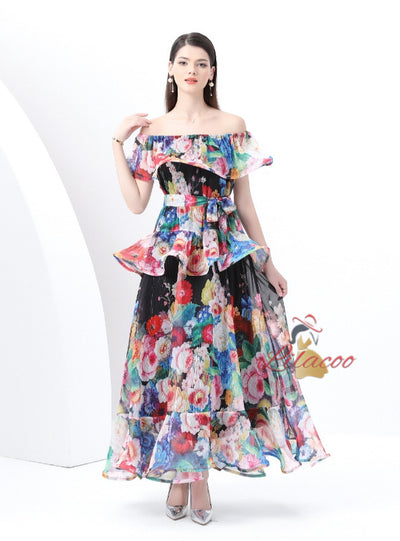 Printed Ruffled Chiffon Dress