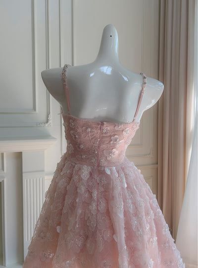 Pink Straps Flower Beading Prom Dress