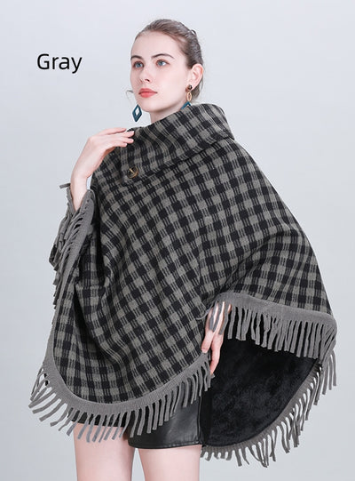 Plaid Tassel Pullover Cloak Shawl