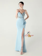 Mermaid Spaghetti Straps Sequins Split Prom Dress