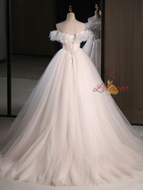 Beige Tulle Lace Spaghetti Straps Wedding Dress