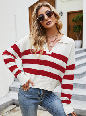 Long Sleeve Loose Striped Contrast Pullover Sweater