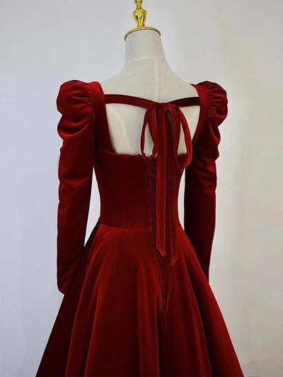 Burgundy Velvet Long Sleeve Crystal Prom Dress
