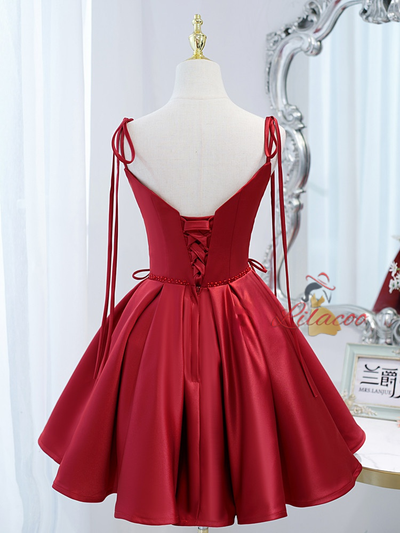 Burgundy Satin Straps Homecoming Dress