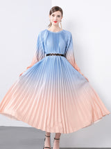 Long Sleeve Print Oversized Pleated Dress