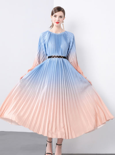 Long Sleeve Print Oversized Pleated Dress