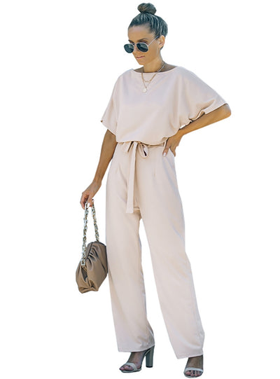 Solid Color Round Neck Short Sleeve Jumpsuit