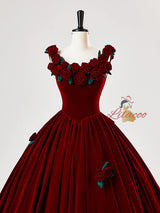 Burgundy Velvet Straps 3D Flower Bow Prom Dress