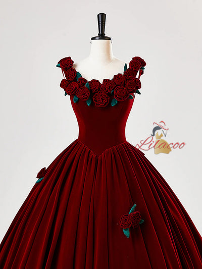 Burgundy Velvet Straps 3D Flower Bow Prom Dress