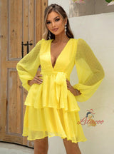 Sexy Lantern Sleeve Deep V-neck Dress