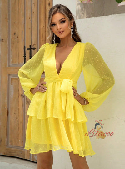 Sexy Lantern Sleeve Deep V-neck Dress