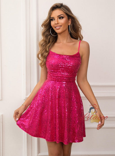 Spaghetti Straps Sequins Short Party Dress