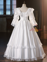Vintage White Satin Long Sleeve Lace Wedding Dress