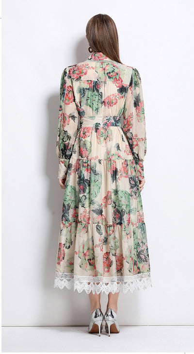 Holiday Style Printed Long Sleeve Long Dress