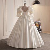 Vintage White Satin Puff Sleeve Wedding Dress