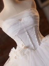 White Tulle Strapless Beading Flower Wedding Dress