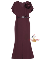 Burgundy V-neck 3D Flower Mother Of The Bride Dress
