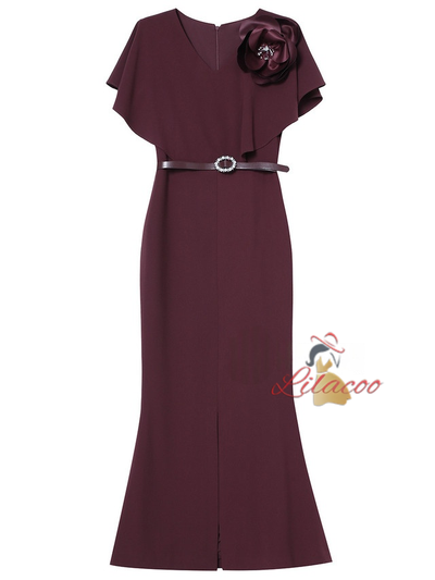 Burgundy V-neck 3D Flower Mother Of The Bride Dress