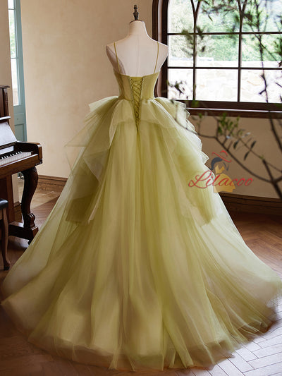 Green Tulle Straps Pleats Prom Dress