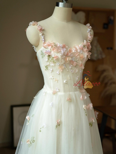 White Tulle Straps 3D Flower Tea Length Prom Dress