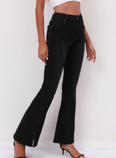 Stretch Front Split Black Flared Jeans