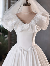White Satin Lace V-neck Wedding Dress