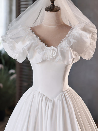 White Satin Lace V-neck Wedding Dress