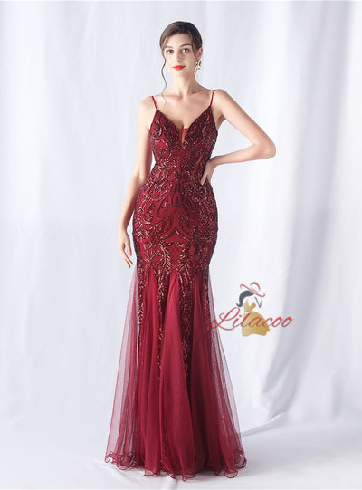 Mermaid Sequins Tulle Spaghetti Straps Prom Dress