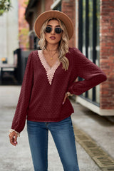Jacquard Chiffon Long-sleeved Loose V-neck Top